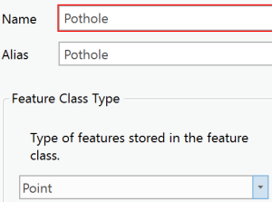 Create Pothole feature class of type Point Create Pothole feature class of type Point